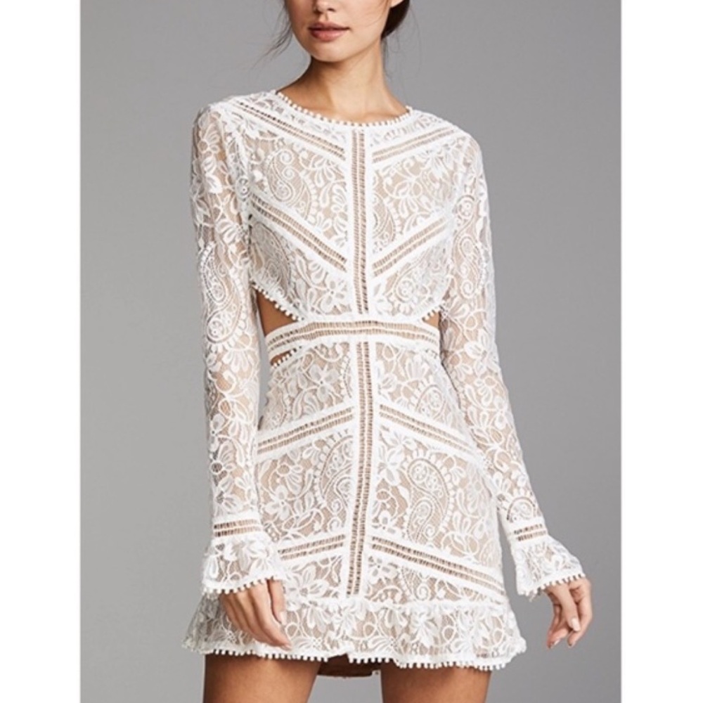 For Love And Lemons White Backless Sheath Dress with Bell Sleeves